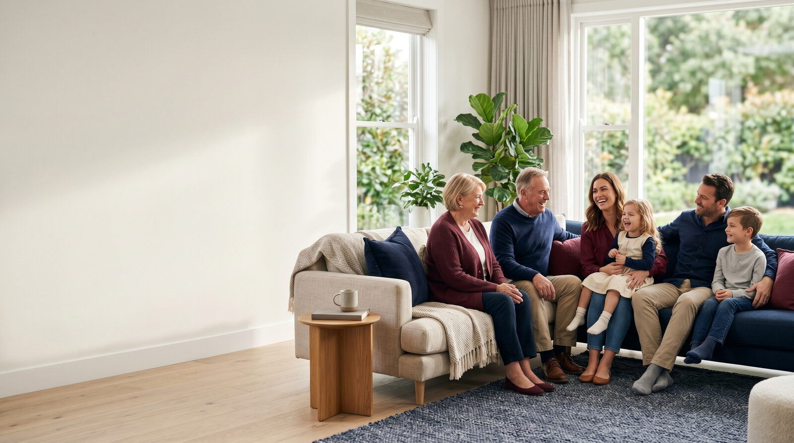 Familie relaxându-se acasă, sănătoasă și fericită