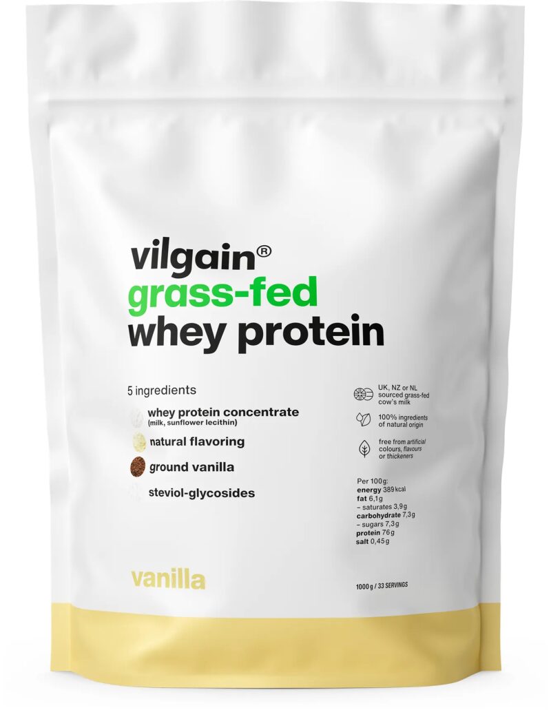 Grass-Fed Whey Protein ⁠–⁠ din lapte de vacă hrănite cu iarbă din ferme sustenabile, îndulcit cu stevia, ultrafiltrat la temperaturi scăzute Vanilie