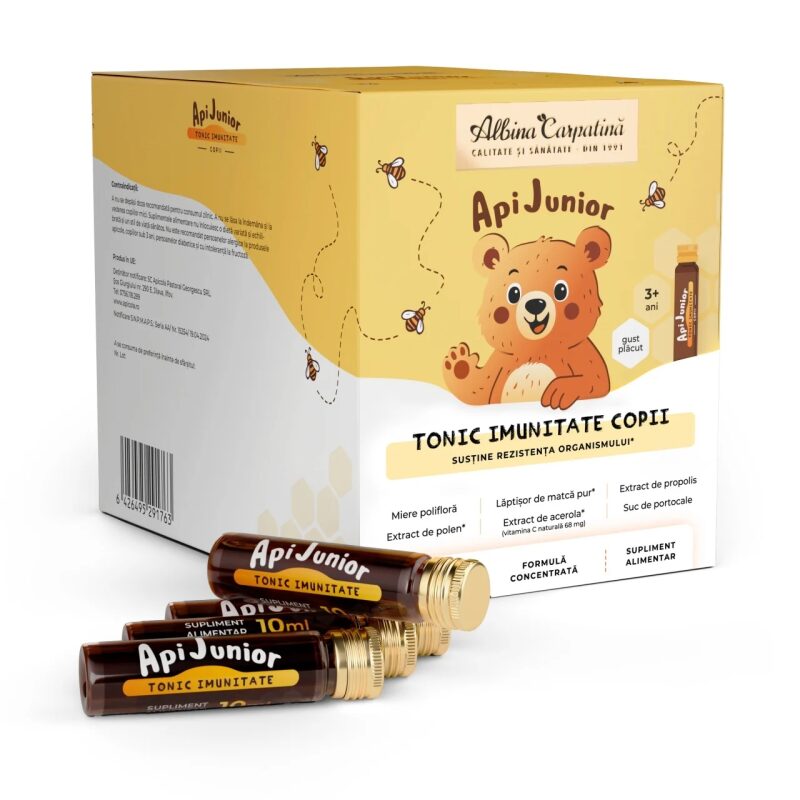 Pachet Apijunior Tonic imunitate copii, 20 + 10 fiole(Laptisor matca,propolis,polen,miere poliflora)