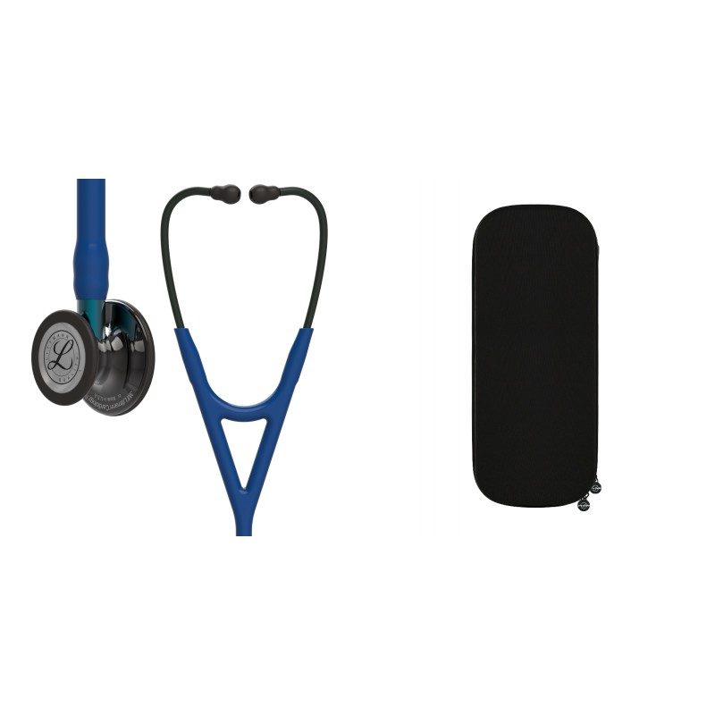 Pachet cardio - Stetoscop Littmann Cardiology IV Bleumarin capsula fumurie stem albastru 6202 + Borseta stetoscop Cardio Neagra
