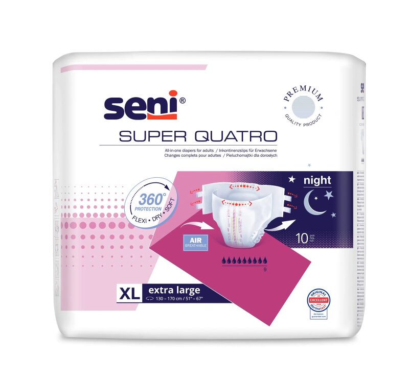 Super Seni Quatro Extra Large (XL) - Scutece cu Sistem Închis pentru Adulți (10 bucăți)