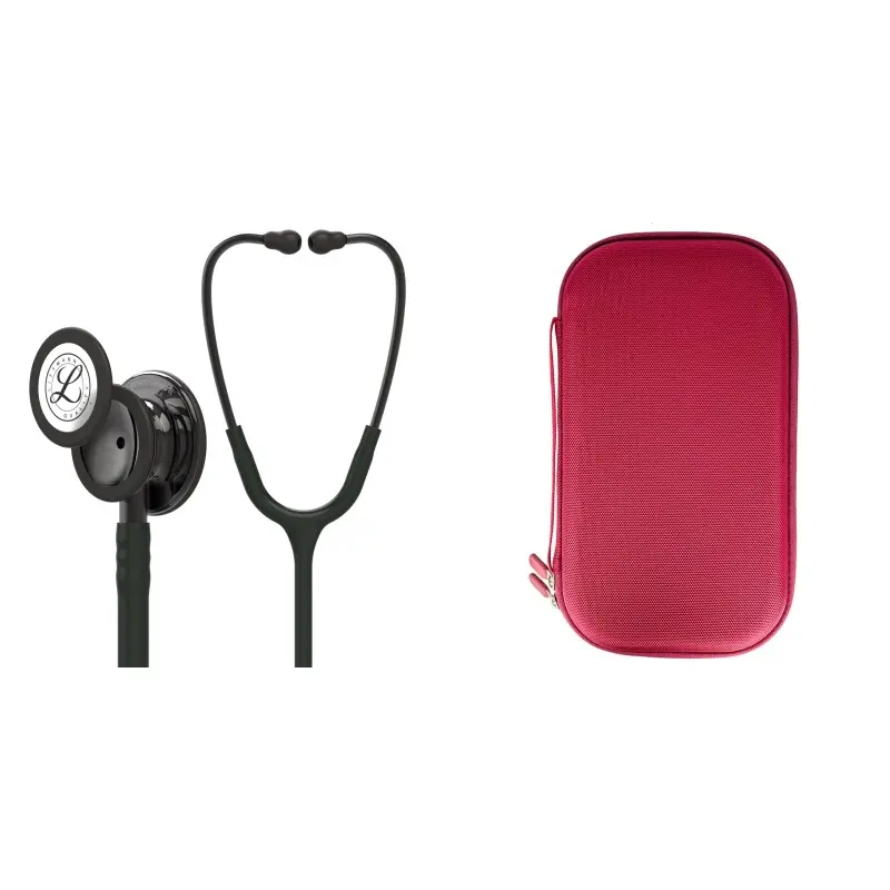 حزمة الطالب - حزمة الطالب - سماعة طبية Littmann Classic III سوداء كبسولة مدخنة 5811 + حقيبة أحمر لؤلؤي