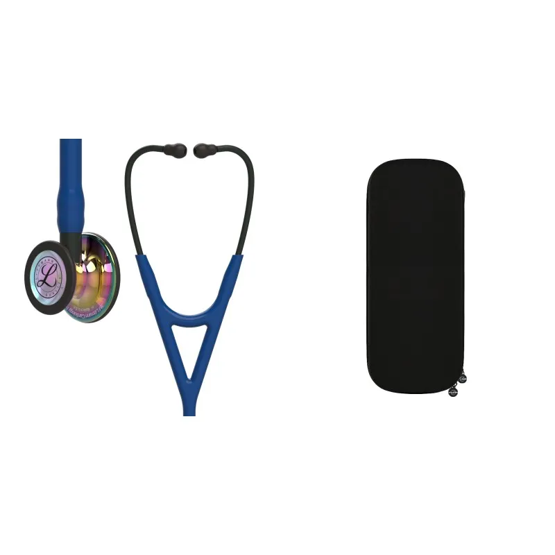 Kardio-Paket - Stethoskop Littmann Cardiology IV Marineblau Regenbogenkapsel Spiegelfinish 6242 + Schwarze Kardio-Stethoskoptasche