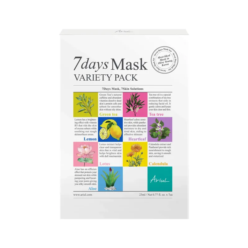 Set Măști Coreene Ariul 7Days Mask PLUS pentru Tratamentul Complet al Tenului, Cosmetice Coreene Naturale, (7 x 23ml)