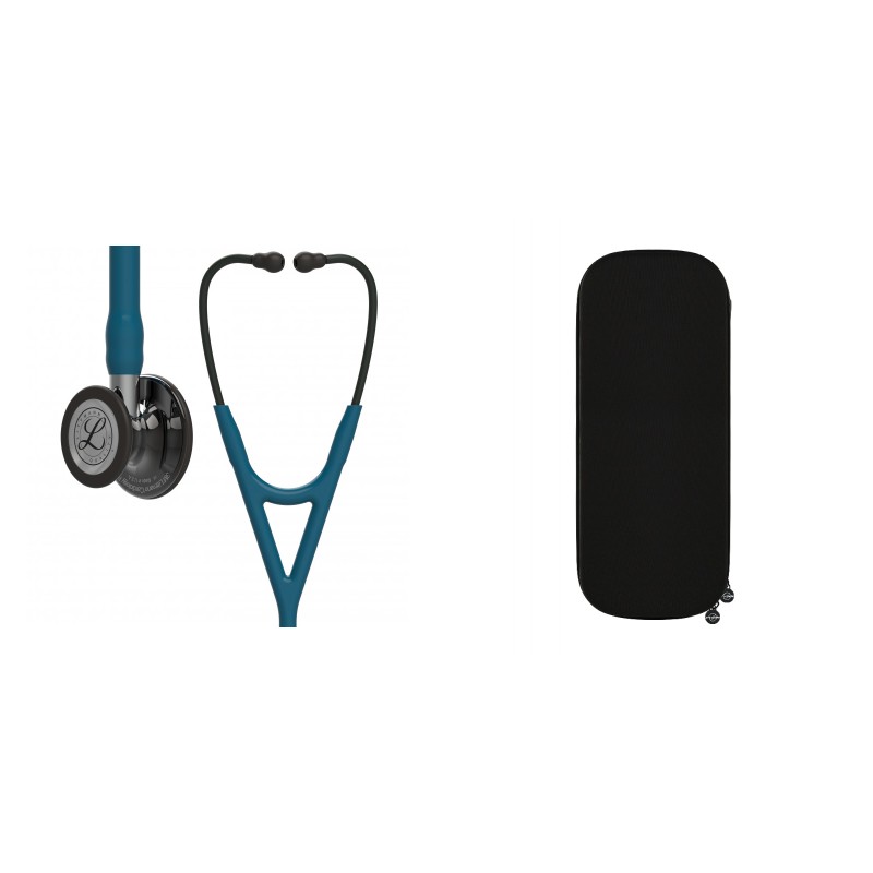 Pachet cardio - Stetoscop Littmann Cardiology IV Caribbean Blue capsula fumurie finisaj oglinda 6234 + Borseta stetoscop Cardio Neagra